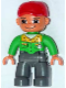 Minifig No: 47394pb059  Name: Duplo Figure Lego Ville, Male, Dark Bluish Gray Legs, Bright Green Button Down Shirt, Red Cap, Brown Eyes, Closed Mouth Smile (Mechanic)