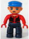 Minifig No: 47394pb062  Name: Duplo Figure Lego Ville, Male, Dark Blue Legs, Red Top with Black Vest, Red Hands, Blue Cap, Blue Eyes, Moustache
