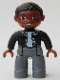 Minifig No: 47394pb071  Name: Duplo Figure Lego Ville, Male, Dark Bluish Gray Legs, Black Top with Buttons, Black Hair, Brown Head