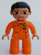 Minifig No: 47394pb073  Name: Duplo Figure Lego Ville, Male, Orange Legs, Nougat Hands, Orange Top with Recycle Logo, Black Hair, Blue Eyes