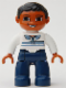 Minifig No: 47394pb074  Name: Duplo Figure Lego Ville, Male, Dark Blue Legs, White Top with Buttons and Stripes, Black Hair, Brown Eyes