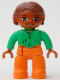 Minifig No: 47394pb075  Name: Duplo Figure Lego Ville, Female, Orange Legs, Bright Green Top with Buttons and Pockets, Reddish Brown Hair, Brown Eyes