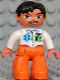 Minifig No: 47394pb080  Name: Duplo Figure Lego Ville, Male Medic, Orange Legs, White Top with ID Badge and EMT Star of Life Pattern, Black Hair, Blue Eyes, Moustache
