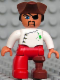Minifig No: 47394pb090  Name: Duplo Figure Lego Ville, Male Pirate, Red Legs, White Top with Buttons and Green Spots, Reddish Brown Pirate Hat, Eye Patch, Peg Leg