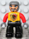 Minifig No: 47394pb099  Name: Duplo Figure Lego Ville, Male Castle, Black Legs, Bright Light Orange Chest, Red Arms, Dark Bluish Gray Hands, Wide Crooked Grin