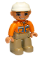 Minifig No: 47394pb102  Name: Duplo Figure Lego Ville, Male, Dark Tan Legs, Orange Shirt, Brown Eyes, White Construction Helmet, White Button