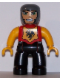 Minifig No: 47394pb112  Name: Duplo Figure Lego Ville, Male Castle, Black Legs, Red Chest with Dragon Emblem, Bright Light Orange Arms and Hands, Lefty Smile