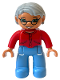 Minifig No: 47394pb123a  Name: Duplo Figure Lego Ville, Female, Medium Blue Legs, Red Sweater, Light Bluish Gray Hair, Green Eyes, Glasses