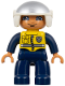 Minifig No: 47394pb138  Name: Duplo Figure Lego Ville, Male Police, Dark Blue Legs and Jumpsuit with Yellow Vest, White Helmet