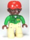 Minifig No: 47394pb146  Name: Duplo Figure Lego Ville, Male, Tan Legs, Green Top with 'ZOO' on Front and Back, Brown Head, Red Cap, Brown Head, Brown Eyes (Zoo Worker)