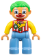 Minifig No: 47394pb151  Name: Duplo Figure Lego Ville, Male Clown, Medium Blue Legs, Striped Jacket, Bow Tie, Green Hair