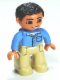 Minifig No: 47394pb159  Name: Duplo Figure Lego Ville, Male, Tan Legs, Medium Blue Shirt with Pocket and 4 Buttons, Black Hair