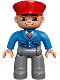 Minifig No: 47394pb165  Name: Duplo Figure Lego Ville, Male, Dark Bluish Gray Legs, Blue Jacket with Tie, Red Hat, Smile with Teeth (Train Conductor)