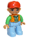 Minifig No: 47394pb166  Name: Duplo Figure Lego Ville, Male, Medium Blue Legs, Orange Vest, Dark Green Plaid Shirt, Bright Green Arms, Red Cap