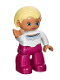 Minifig No: 47394pb170  Name: Duplo Figure Lego Ville, Female, Magenta Legs, White Sweater with Blue Pattern, Bright Light Yellow Hair, Blue Eyes