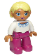 Minifig No: 47394pb170a  Name: Duplo Figure Lego Ville, Female, Magenta Legs, White Sweater with Blue Pattern, Bright Light Yellow Hair, Blue Oval Eyes