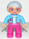 Minifig No: 47394pb173  Name: Duplo Figure Lego Ville, Female, Magenta Legs, Medium Blue Top with Flower, Light Bluish Gray Hair, Blue Eyes, Glasses
