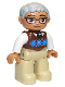 Minifig No: 47394pb174a  Name: Duplo Figure Lego Ville, Male, Tan Legs, Reddish Brown Argyle Sweater Vest, White Arms, Light Bluish Gray Hair, Glasses, Oval Eyes