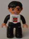 Minifig No: 47394pb176  Name: Duplo Figure Lego Ville, Male, Black Legs, White Top, Black Arms, Black Hair, LEGO Logo on Front - Hungarian Lego Factory Employee Gift