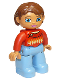 Minifig No: 47394pb180  Name: Duplo Figure Lego Ville, Female, Medium Blue Legs, Red Sweater with Diamond Pattern, Reddish Brown Hair, Blue Eyes