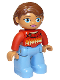 Minifig No: 47394pb180a  Name: Duplo Figure Lego Ville, Female, Medium Blue Legs, Red Sweater with Diamond Pattern, Reddish Brown Hair, Blue Oval Eyes