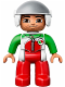 Minifig No: 47394pb183  Name: Duplo Figure Lego Ville, Male, Red Legs, Race Top with Zipper and Octan Logo, White Helmet