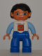 Minifig No: 47394pb186  Name: Duplo Figure Lego Ville, Female, Blue Legs, White Top, Bright Light Blue Arms, Black Hair, LEGO Logo on Front - Employee Gift