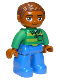 Minifig No: 47394pb191a  Name: Duplo Figure Lego Ville, Male, Blue Legs, Green Top with Pen, Reddish Brown Hair, Oval Eyes
