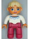 Minifig No: 47394pb197a  Name: Duplo Figure Lego Ville, Female, Magenta Legs, White Sweater with Blue Flowers Pattern, Tan Ponytail Hair, Blue Eyes, Oval Eyes