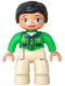 Minifig No: 47394pb203a  Name: Duplo Figure Lego Ville, Female, Tan Legs, Green Top with Tartan Plaid and Zipper, Bright Green Arms, Black Hair, Oval Eyes (6183830 / 6203756 / 6273383)