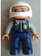 Minifig No: 47394pb205  Name: Duplo Figure Lego Ville, Male Police, Dark Blue Legs, Black Top with Badge, Light Bluish Gray Arms, White Helmet