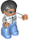 Minifig No: 47394pb206  Name: Duplo Figure Lego Ville, Female, Medium Blue Legs, White Top with Pocket, White Arms, Blue Glasses, Black Hair