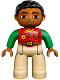 Minifig No: 47394pb216  Name: Duplo Figure Lego Ville, Male, Tan Legs, Red Shirt, Black Hair, Bright Green Arms