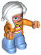 Minifig No: 47394pb221  Name: Duplo Figure Lego Ville, Female, Medium Blue Legs, Orange Jacket, Striped Sweater, White Hair