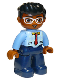 Minifig No: 47394pb227  Name: Duplo Figure Lego Ville, Male, Dark Blue Legs, Bright Light Blue Top with Medium Blue Sleeves and Tie Pattern, White Glasses, Black Hair
