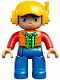 Minifig No: 47394pb231  Name: Duplo Figure Lego Ville, Male, Blue Legs, Orange Vest, Dark Green Plaid Shirt, Red Arms, Yellow Cap with Headset