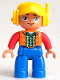 Minifig No: 47394pb231a  Name: Duplo Figure Lego Ville, Male, Blue Legs, Orange Vest, Dark Green Plaid Shirt, Red Arms, Yellow Cap with Headset, Oval Eyes