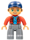 Minifig No: 47394pb245  Name: Duplo Figure Lego Ville, Male, Dark Bluish Gray Legs, Red Jacket, Medium Azure Shirt, Dark Blue Cap
