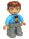 Minifig No: 47394pb246  Name: Duplo Figure Lego Ville, Male, Dark Bluish Gray Legs, Dark Azure Jacket, Black Shirt, Reddish Brown Hair
