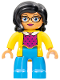 Minifig No: 47394pb248  Name: Duplo Figure Lego Ville, Female, Dark Azure Legs, Yellow Jacket, Magenta Top, Black Hair