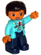 Minifig No: 47394pb249  Name: Duplo Figure Lego Ville, Female Pilot, Dark Blue Legs, Medium Azure Top with Red Tie, Black Hair