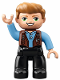 Minifig No: 47394pb251  Name: Duplo Figure Lego Ville, Male, Black Legs, Medium Blue Shirt over Reddish Brown Vest, Dark Tan Hair (Jurassic World Owen Grady)