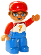 Minifig No: 47394pb267  Name: Duplo Figure Lego Ville, Male, Blue Legs, White Top with Number 7 and Red Arms, Reddish Brown Hair, Red Cap