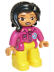 Minifig No: 47394pb271  Name: Duplo Figure Lego Ville, Female, Yellow Legs, Magenta Shirt  with Flower, Black Hair