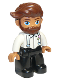 Minifig No: 47394pb280  Name: Duplo Figure Lego Ville, Male, Black Legs, White Top with Light Aqua Suspenders, Reddish Brown Hair, Beard