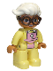 Minifig No: 47394pb283  Name: Duplo Figure Lego Ville, Female, Bright Light Yellow Suit with Bright Pink Apron, Dark Brown Glasses, White Hair