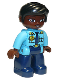 Minifig No: 47394pb296  Name: Duplo Figure Lego Ville, Female Police, Dark Blue Legs, Medium Azure Top with Badge and Epaulettes, Black Hair