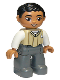 Minifig No: 47394pb298  Name: Duplo Figure Lego Ville, Male, Dark Bluish Gray Legs, Tan Sweater, White Arms, Black Hair, Brown Oval Eyes