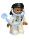 Minifig No: 47394pb299  Name: Duplo Figure Lego Ville, Female, Medic, White Legs, White Top with ID Badge, White Arms, Black Hair, Attached Stethoscope