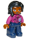 Minifig No: 47394pb300  Name: Duplo Figure Lego Ville, Female, Dark Blue Legs, Magenta Shirt with Flower, Black Hair (6296662)